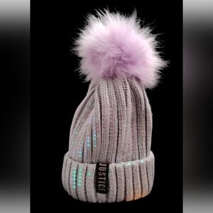 Justice Gray Hat with Pink Pom Pom